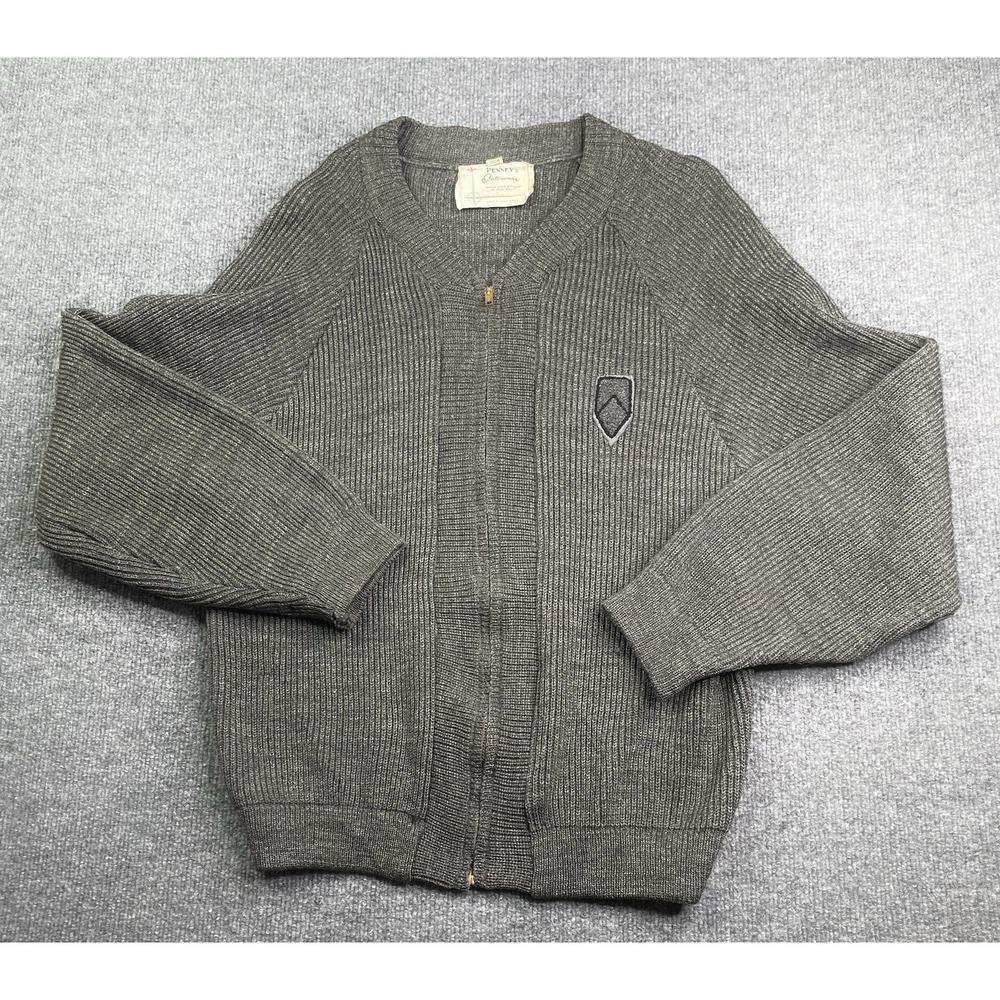 Penneys Cardigan Mens‎ L Gray Vintage 100% Wool Full Zip Ribbed Knit Sweater